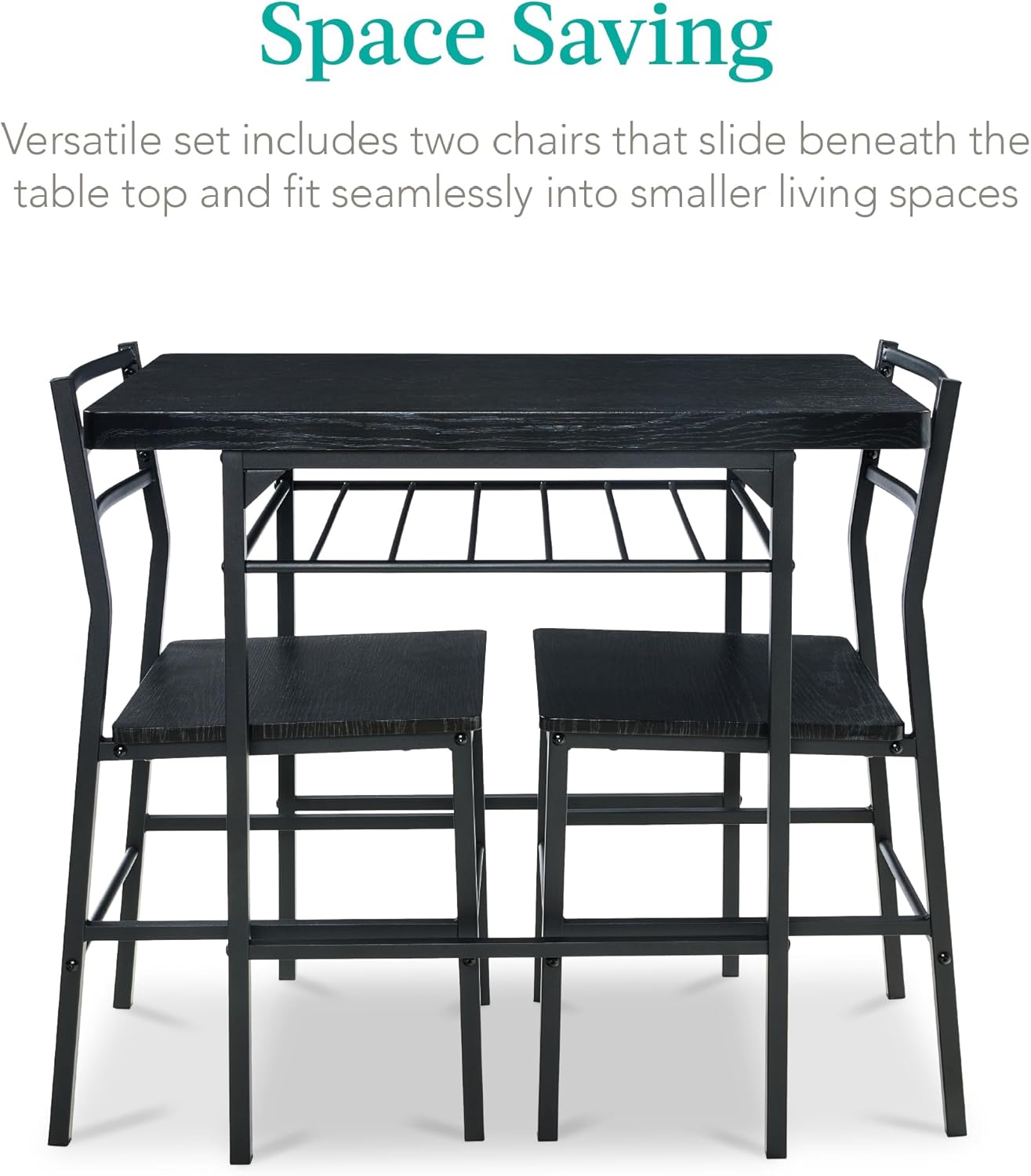 Best Choice Products 3-Piece Modern Dining Set, Space Saving Dinette for Kitchen, Dining Room, Small Space w/Steel Frame, Built-in Storage Rack - Black/Black