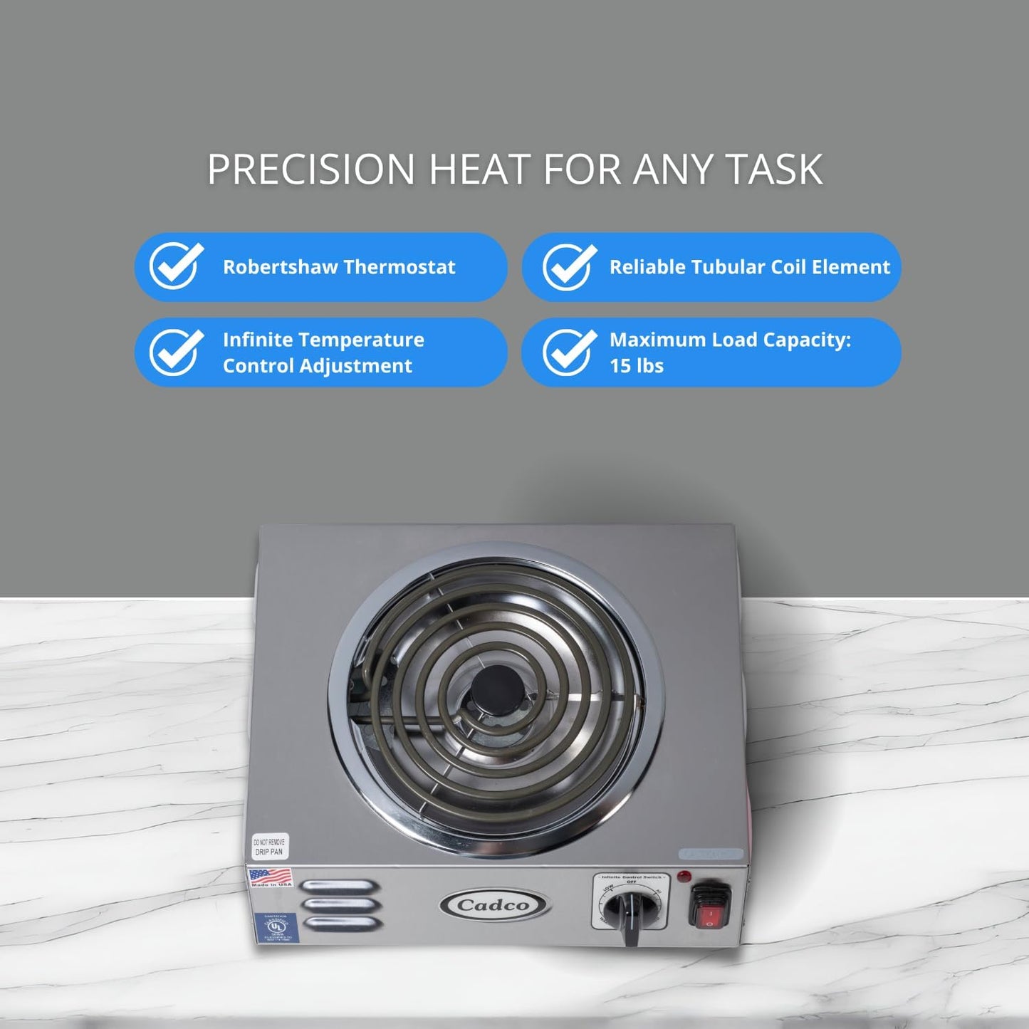 Cadco CSR-3T 14" Electric Portable Countertop Hi-Power Hot Plate w/One Tubular Burner for Restaurant Hotel Food Truck Concession Kiosk, Stainless Steel, 120v