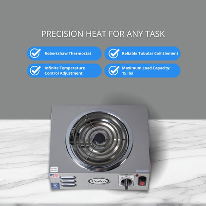 Cadco CSR-3T 14" Electric Portable Countertop Hi-Power Hot Plate w/One Tubular Burner for Restaurant Hotel Food Truck Concession Kiosk, Stainless Steel, 120v