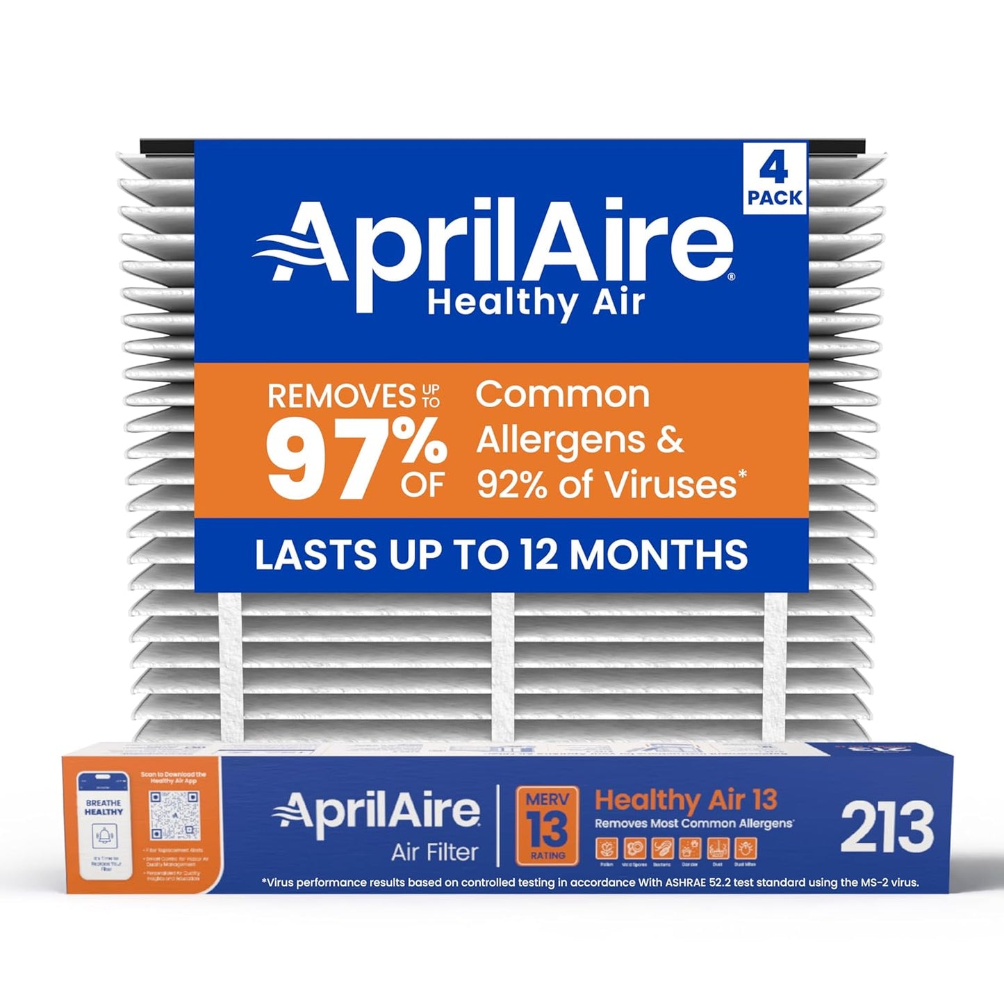AprilAire 213 Replacement Filter for AprilAire Whole House Air Purifiers - MERV 13, Healthy Home Allergy, 20x25x4 Air Filter (Pack of 4)