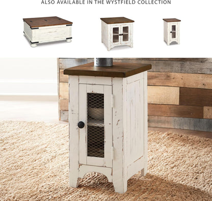 Signature Design by Ashley Wystfield Farmhouse Chair Side End Table with Cabinet Door for Storage, White & Brown with Distressed Finish