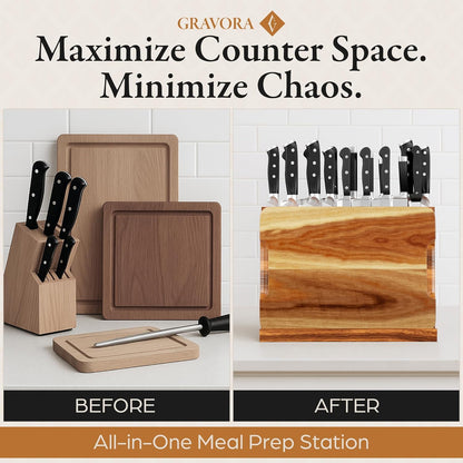 3 in 1 Magnetic Knife Block Stand, 14"x10" Cutting Board, Knife Sharpener - Wooden Magnetic Knife Holder - Acacia Display Holder Double Sided Storage Rack Magnets for Knives - No Assembly Required