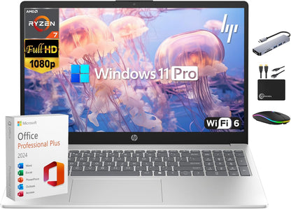 HP Laptop for 2025-2026 Home Student Business, Lifetime MS Office, AI Computer, 15.6” FHD, AMD Ryzen 7, 16GB RAM, 1TB Storage (512GB SSD+500GB Ext), Wi-Fi 6, Privacy Cam, MarxsolAccessory, Win 11 Pro