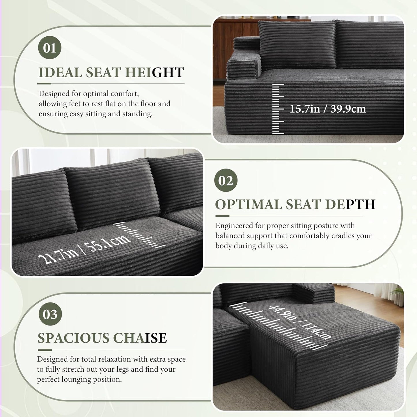 96" Sectional Couches for Living Room Cloud Couch Sofa with L-Shape Upholstered Boneless Couchs Modern Modular Sectional Couch with Chaise (Dark Grey, 96" W+Right Facing Chaise+2Seaters)