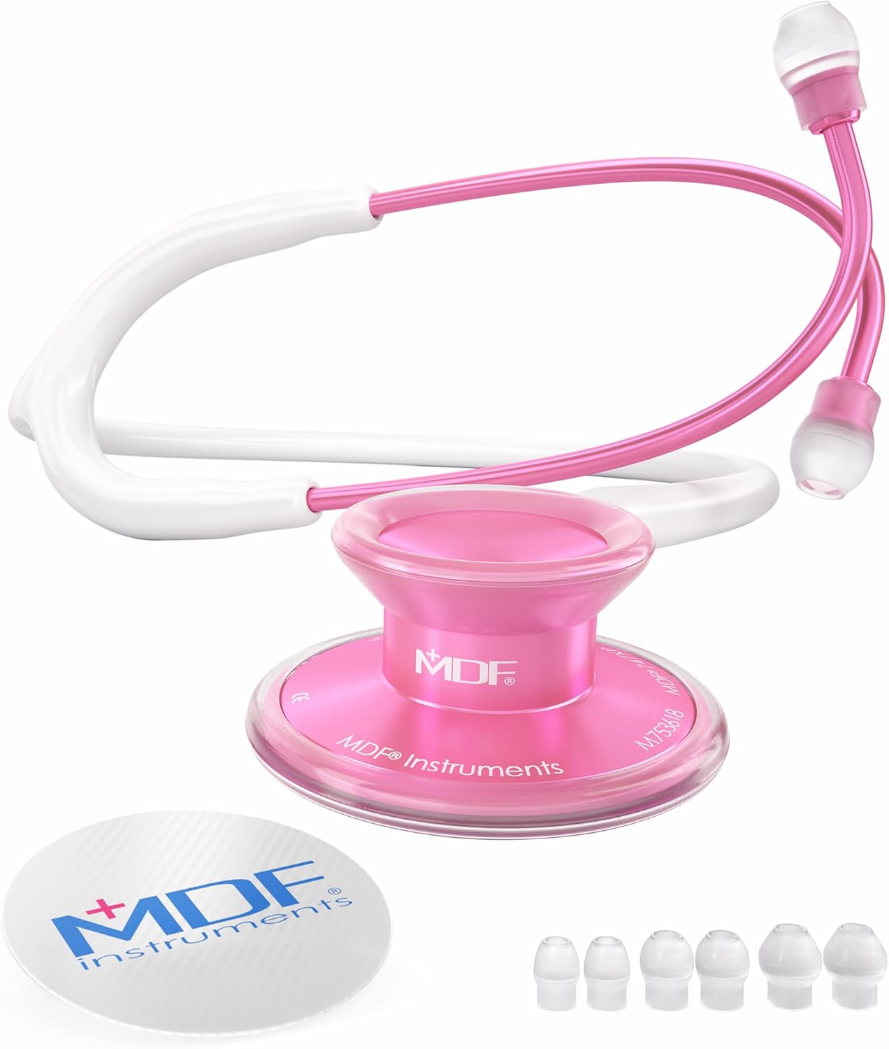 MDF Instruments, Acoustica Lightweight Stethoscope for Doctors, Nurses, Students, Home Health Use, Adult, Dual Head, White Tube, Pink Pinkore Chestpiece-Headset, MDF747XPPO29