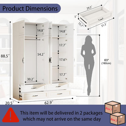 White Armoire Wardrobe Closet: 88" Extra Tall Wardrobe Closet with 4 Drawers, Bedroom Armoires with 4 Doors, Wood Large Armoire with Top Cabinet (63")