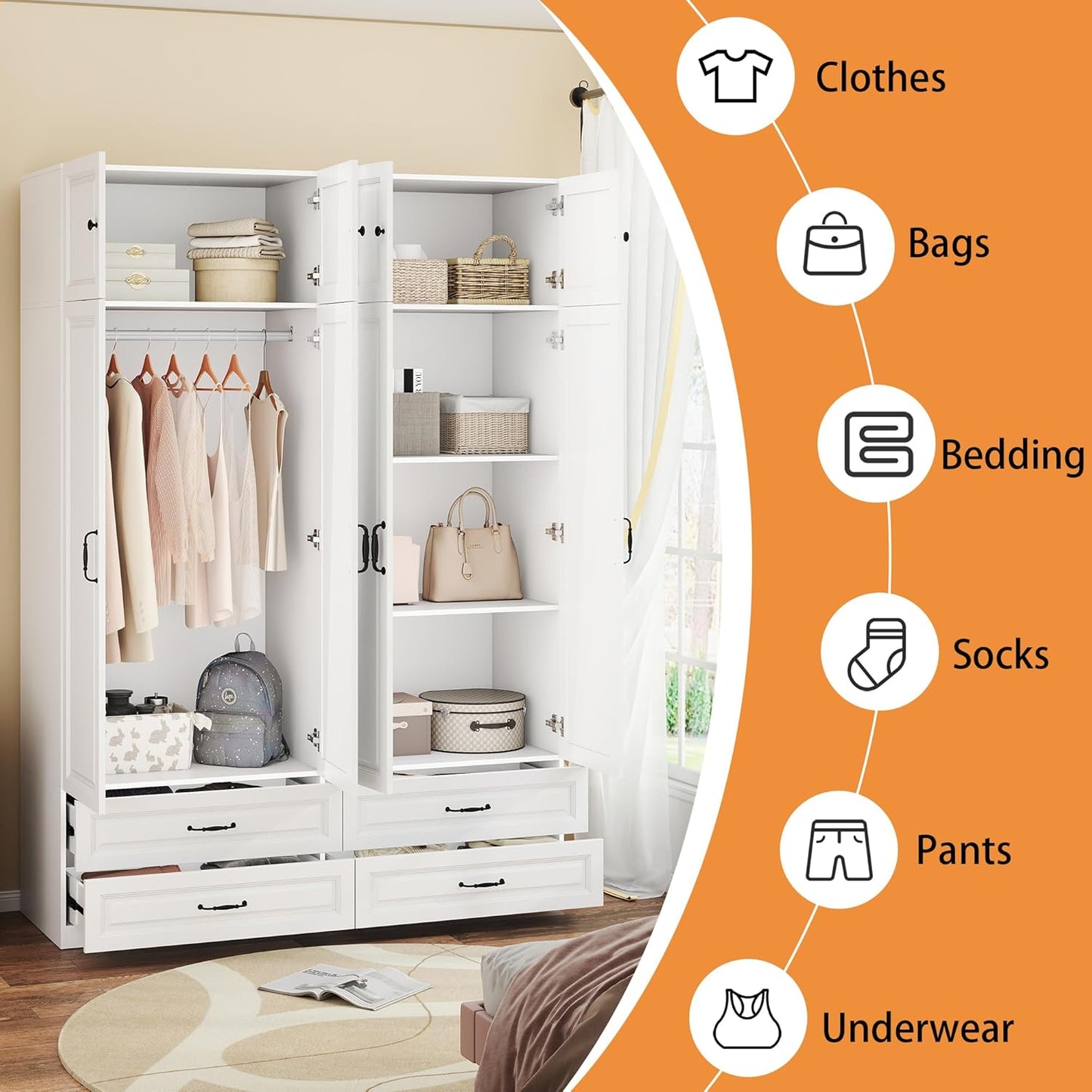 Armoire Wardrobe Closet with Drawers: 63" Large White Wood Wardrobe Closet with 4 Doors and 4 Drawers, Modern Clothes Storage Cabinet for Bedroom Armoire with Shelves (63")