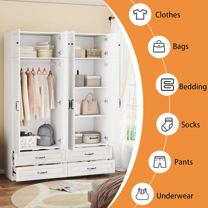 Armoire Wardrobe Closet with Drawers: 63" Large White Wood Wardrobe Closet with 4 Doors and 4 Drawers, Modern Clothes Storage Cabinet for Bedroom Armoire with Shelves (63")