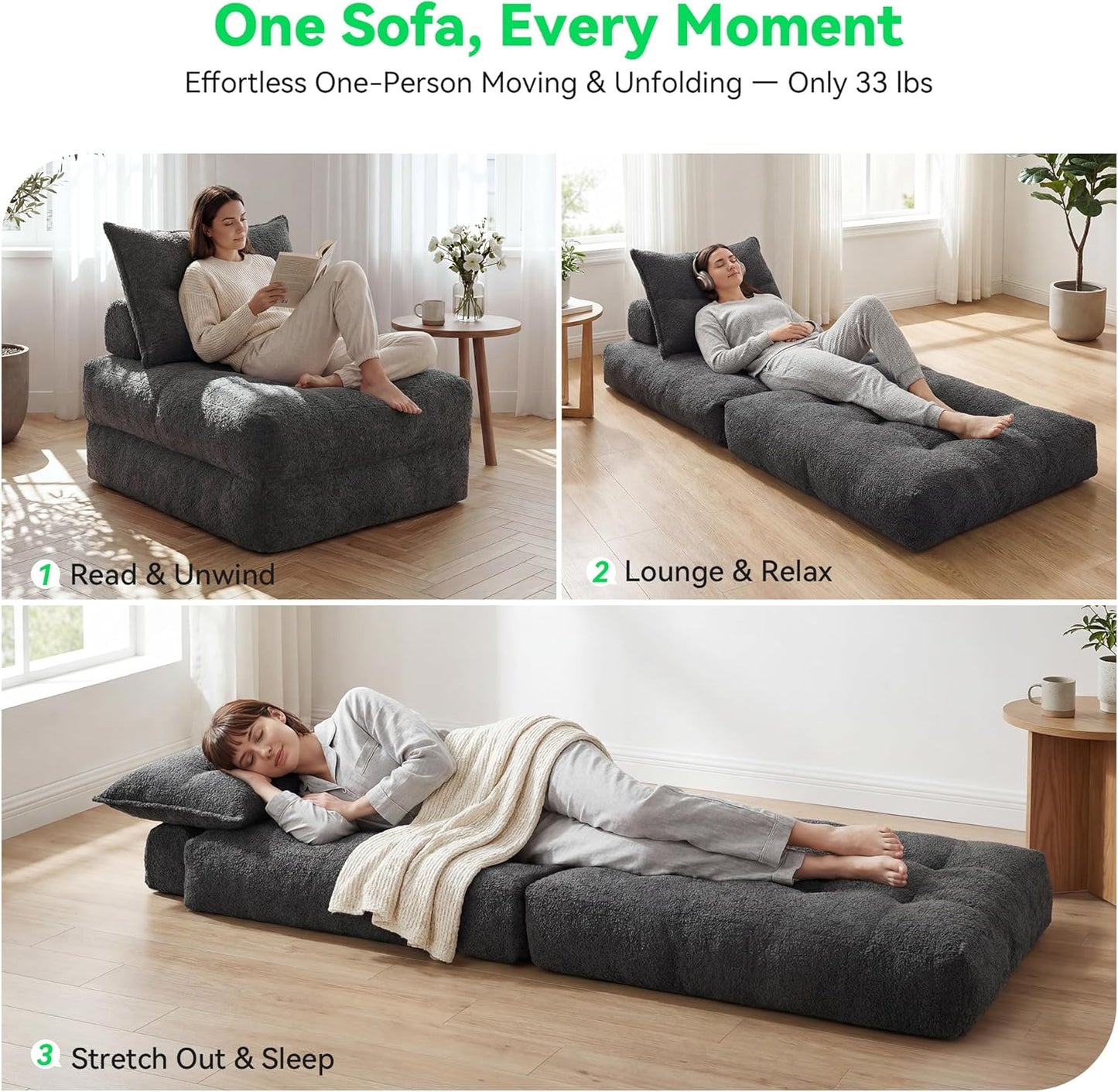 MONVANE Folding Sofa Bed, Fold Out Chair Bed with Pillow, Convertible Sleeper Chair for Living Room/Small Spaces, Foldable Lazy Sofa Bed Floor Chair, Comfy Teddy Velvet Couch Bed, Dark Grey