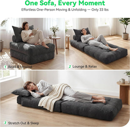 MONVANE Folding Sofa Bed, Fold Out Chair Bed with Pillow, Convertible Sleeper Chair for Living Room/Small Spaces, Foldable Lazy Sofa Bed Floor Chair, Comfy Teddy Velvet Couch Bed, Dark Grey