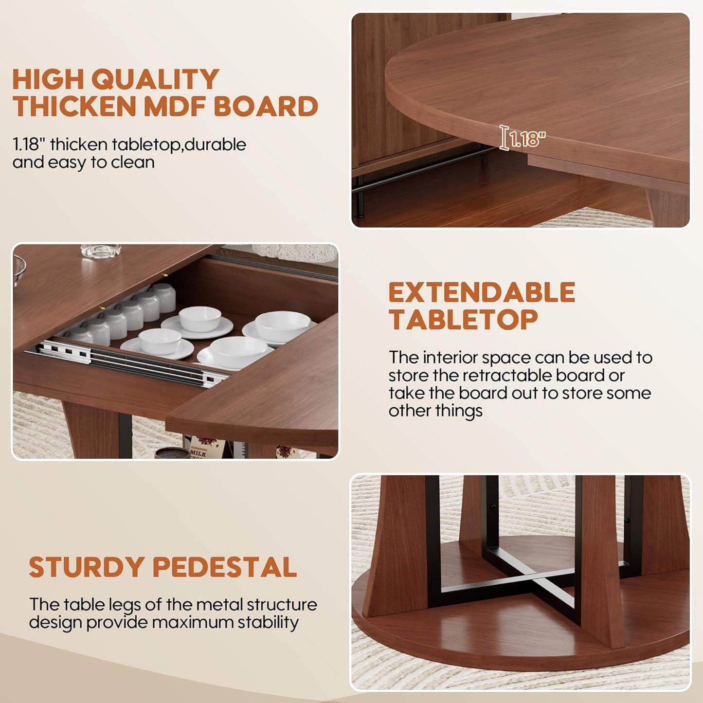 43.3''-59'' Extendable Round Dining Table for 4-8, Expandable Kitchen Table with Storage Shelf, Space Saving Circle Kitchen Table, Round Oval Dining Room Table for Living Room