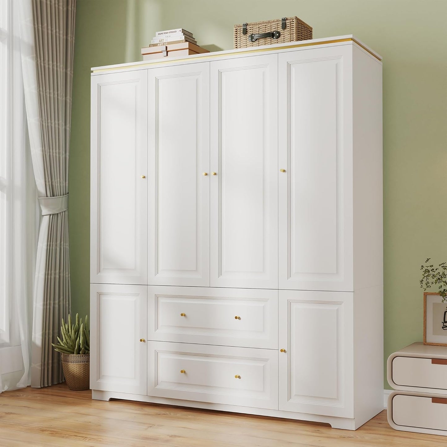 Armoire Wardrobe Closet with Drawers: Large White Wardrobe Closet with 4 Doors and 2 Drawers, Wooden Bedroom Armoires Storage Cabinet with Hanging Rod and Shelves (59")