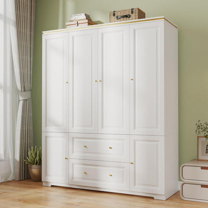 Armoire Wardrobe Closet with Drawers: Large White Wardrobe Closet with 4 Doors and 2 Drawers, Wooden Bedroom Armoires Storage Cabinet with Hanging Rod and Shelves (59")