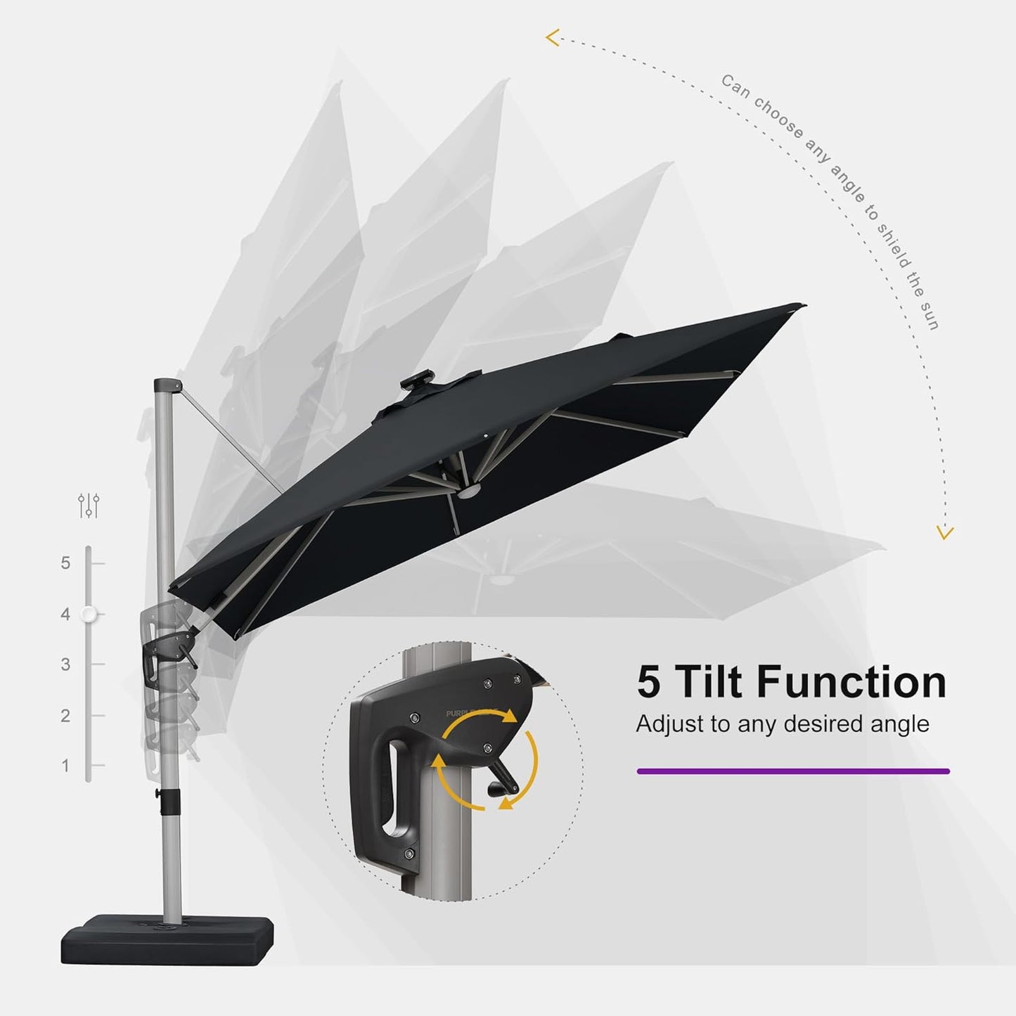 PURPLE LEAF 9' X 12' Patio Umbrella with Lights Outdoor Rectangle Cantilever Umbrella Solar Powered LED with 360-degree Rotation for Garden Deck Pool Patio, Black
