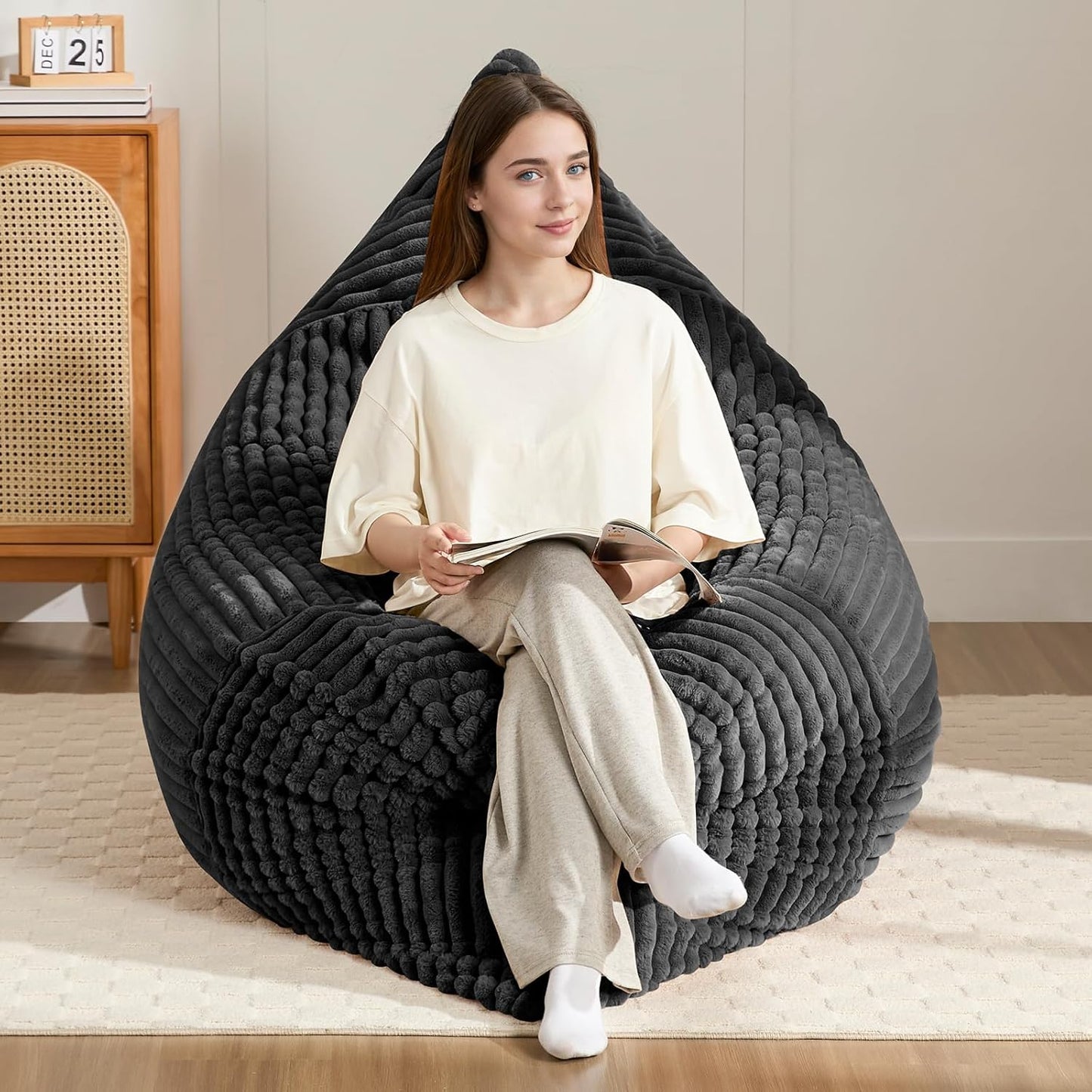 3-in-1 Giant Bean Bag Chair for Adults & Kid, Convertible Floor Sofa to Mattress, High-Density Foam Chair Bed with Washable Cover, Multi Functional Lounge Couch for Bedroom, Living Room (Black)