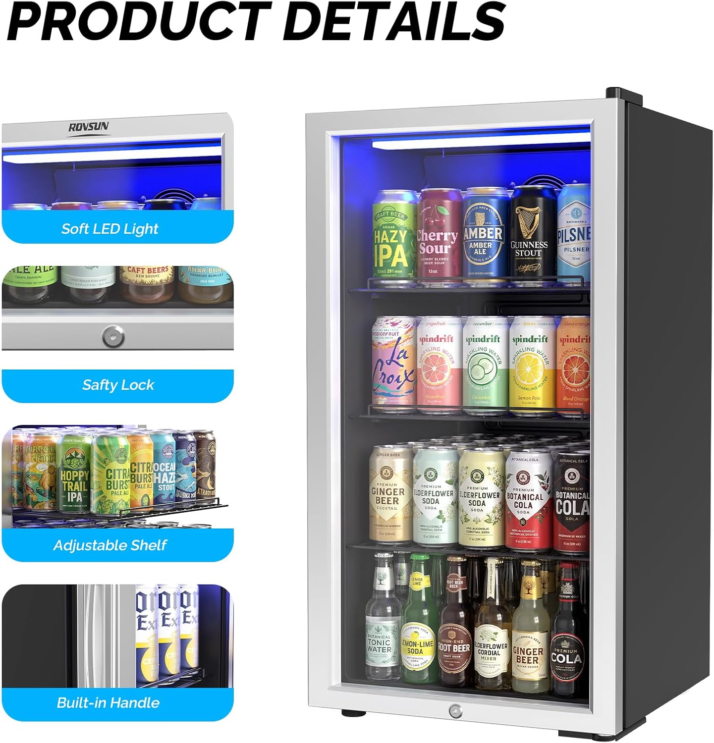 Bonnlo 3.3 Cu.Ft Beverage Refrigerator Cooler with Glass Door & Safety Lock, Quiet Mini Drink Fridge with Adjustable Shelf & Feet, Small Wine Cooler for Bedroom, Bar & Office, 32-50°F, 115V