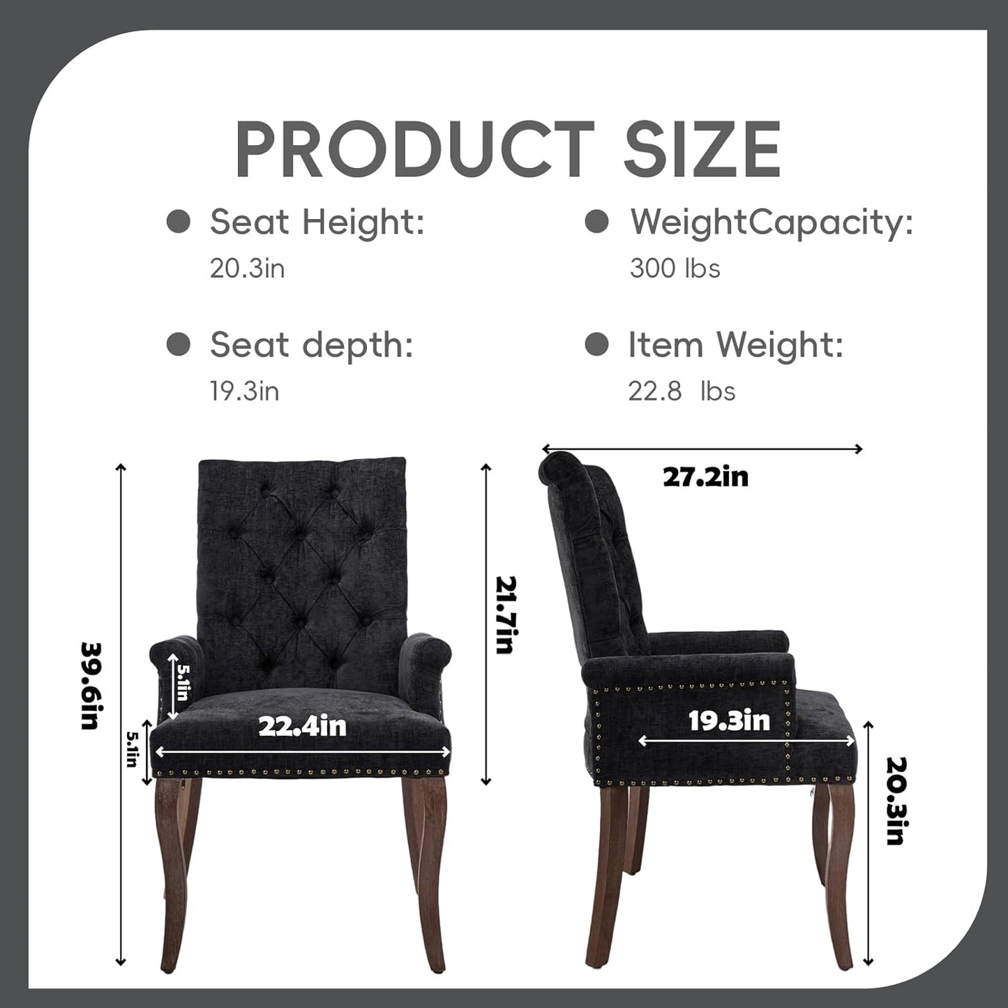 Upholstered Tufted Chenille Dining Chairs with Arms & Nailhead Trim – Solid Wood Frame & Legs, Modern Farmhouse for Dining, Kitchen & Living Room (Set of 6, Charcoal Gray)