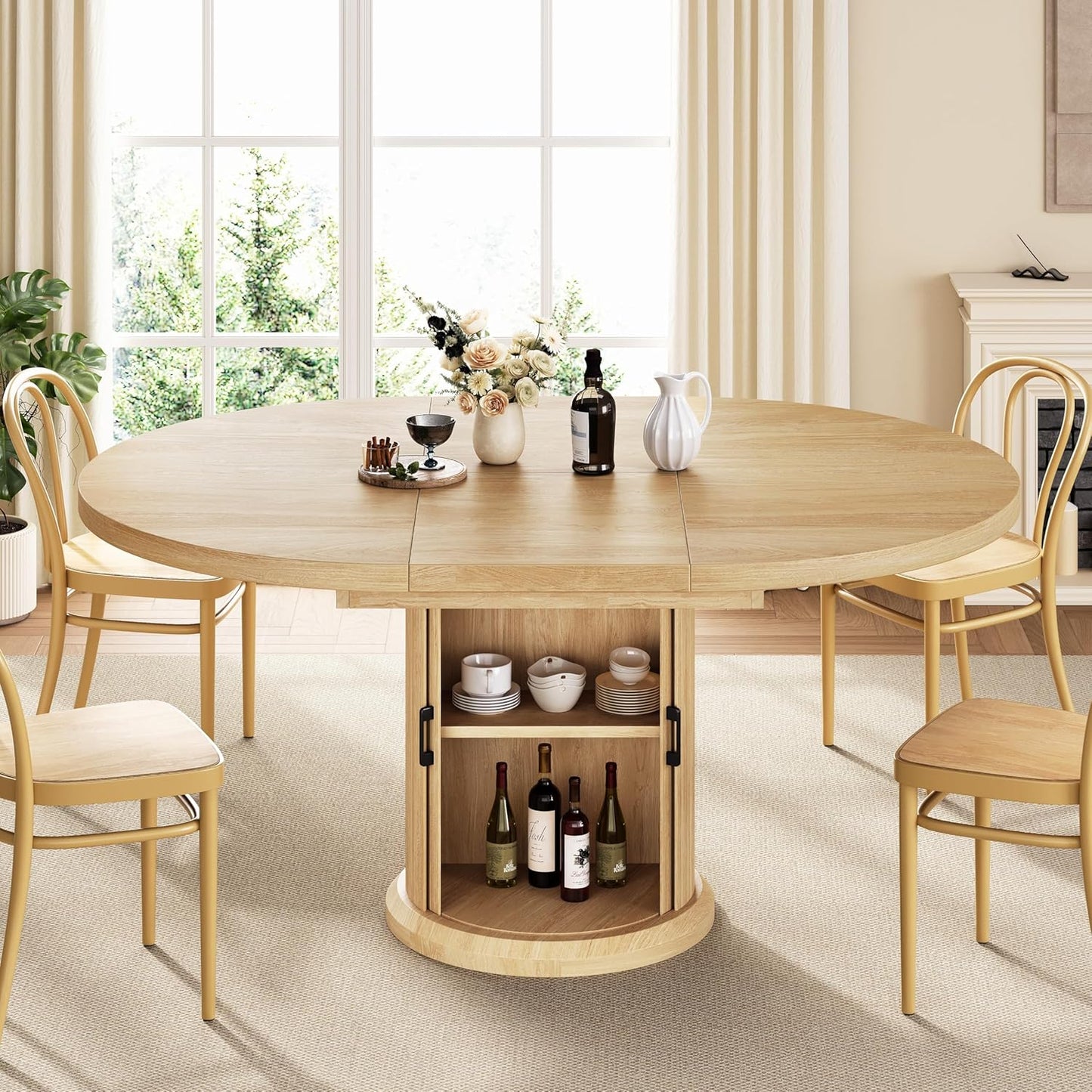 Jocoevol 47″–63″ Extendable Round Dining Table for 4–8 with Dust-Proof 2-Tier Storage Shelf Space-Saving Expandable Dining Room Table Wood Oval Circle Dining Table with Pedestal Base (Natural)