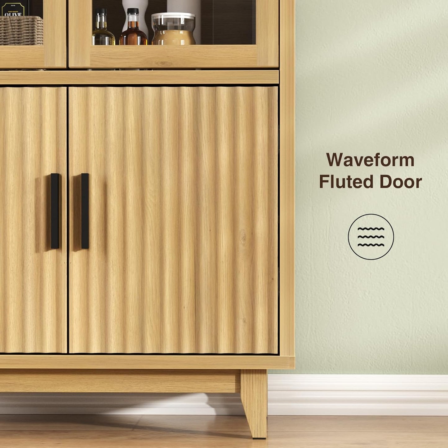 FiveWillowise Arched Cabinet with Glass Doors, 71" Tall Fluted Galss Cabinet with Solid Wood Legs, Adjustable Shelves Accent Furniture for Living Room, Kitchen, Dining Room, Entryway, Natural