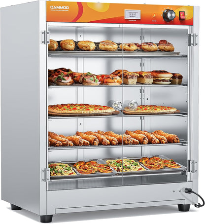 CAMMOO 133Qt 5-Tier 900W Commercial Food Warmer w/ 304 Blued Stainless Steel Heating Element, Double-Tempered Glass Door, Adjustable Shelf, Electric Catering Hot Box Countertop Heated Holding Cabinet