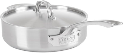 Viking 5-Ply Deep Frying Pan with Lid, 3.4 Quart Stainless Steel Saute Cooking Pot, Dishwasher and Oven Safe, Induction Ready, Satin Finish