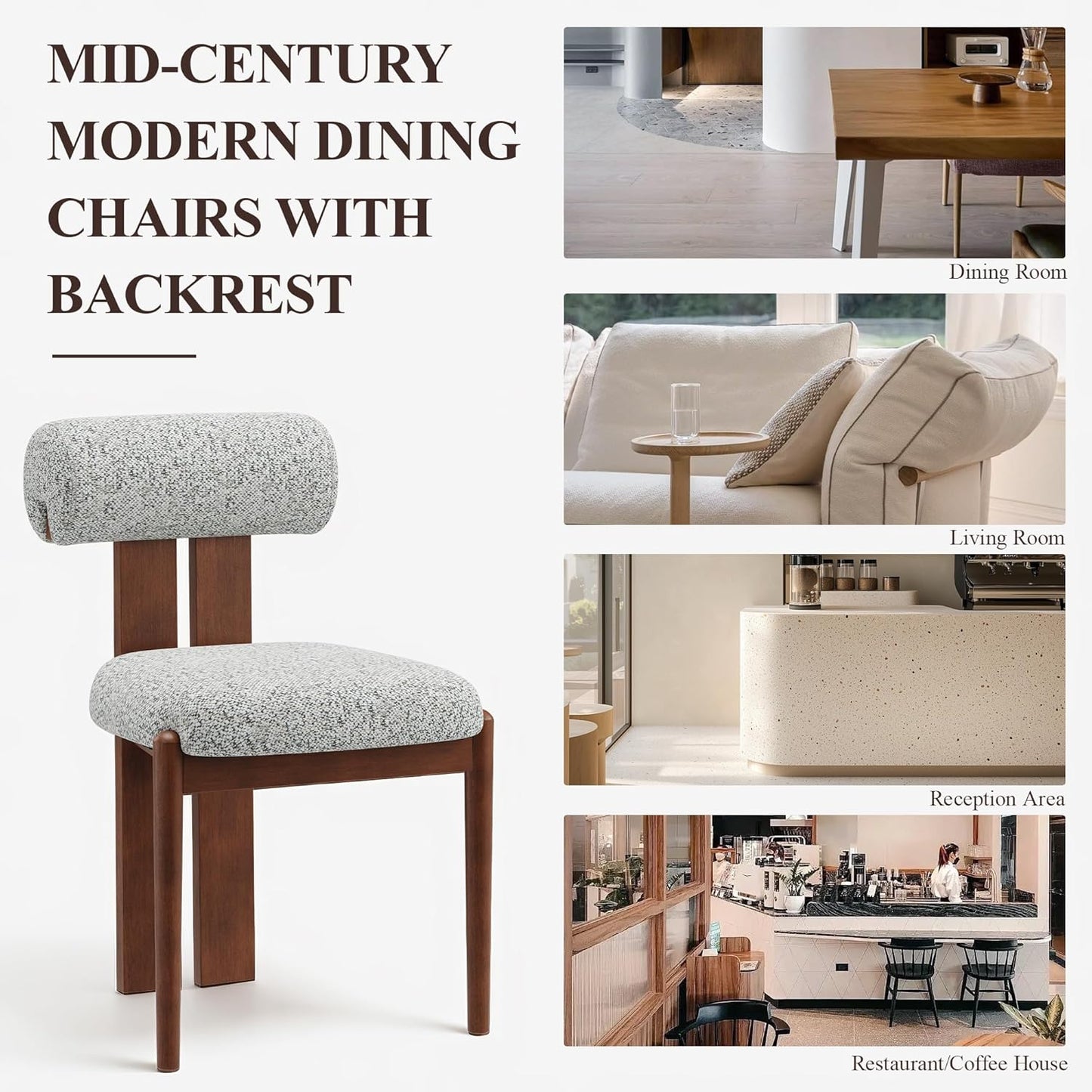 MALOL Modern Wooden Dining Chairs Set of 6, Upholstered Fabric Kitchen Chairs with Sculptural Backrest, Mid-Century Farmhouse Dining Room Chairs with Solid Wood Legs, Light Grey