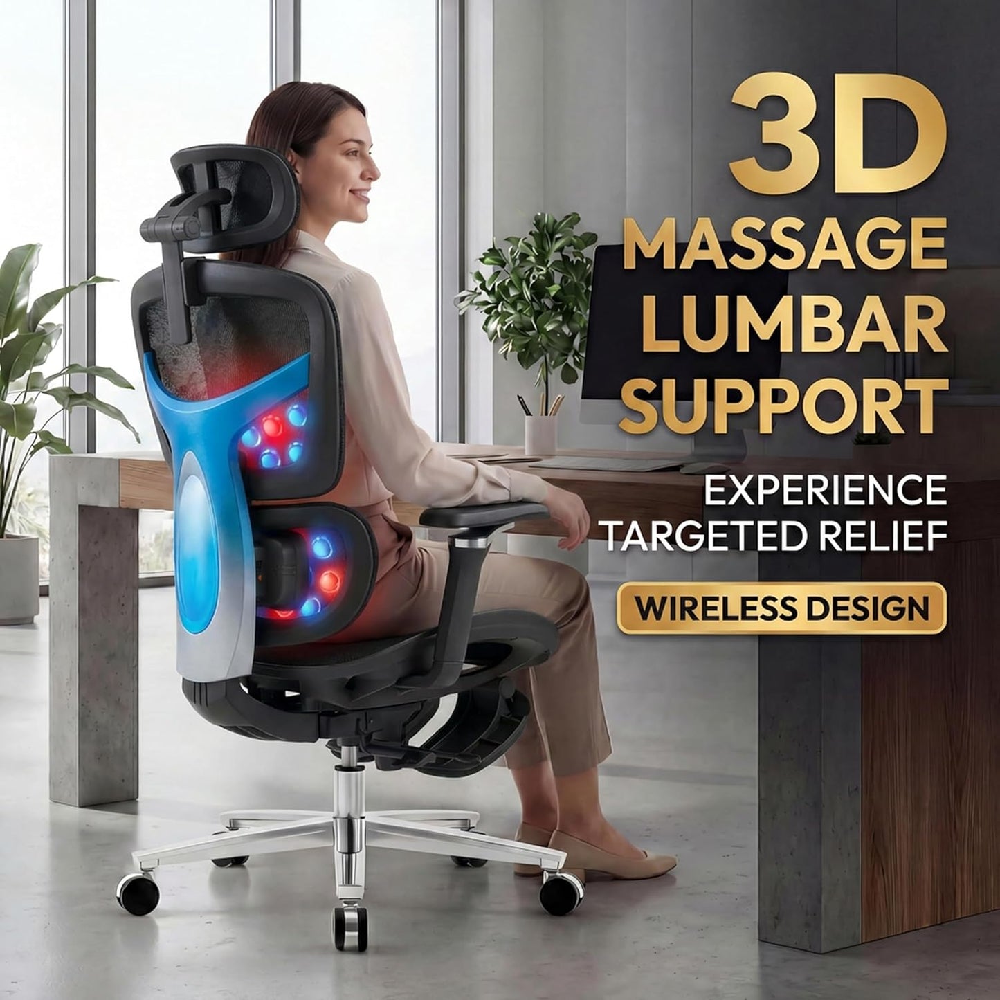 Ergonomic Office Chair with Footrest & 3D Massage Lumbar Support, Adjustable Seat Depth & Back Height,Big and Tall,400lbs, 4D Headrest, 6D Armrests, Reclining Office Chair for Home Office (Black)