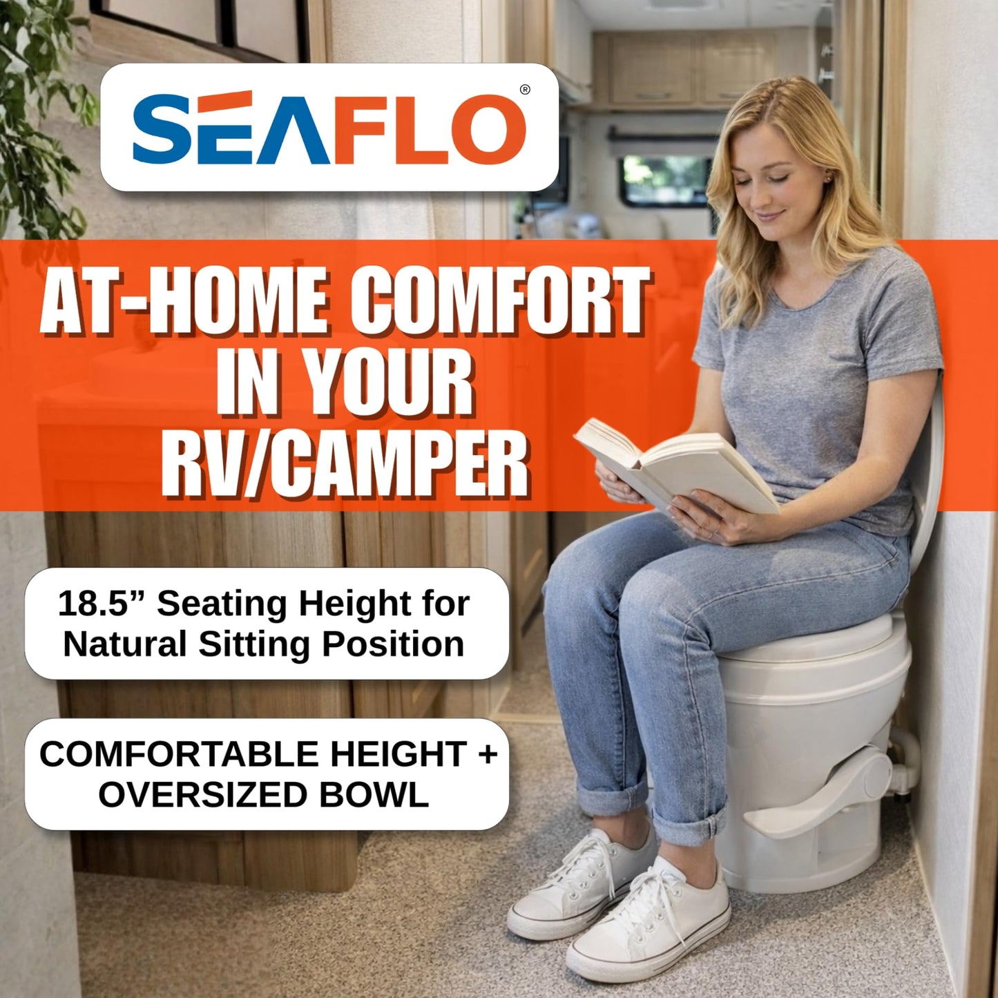 SEAFLO RV Toilet - Residential Height, Gravity Flush, Soft Close