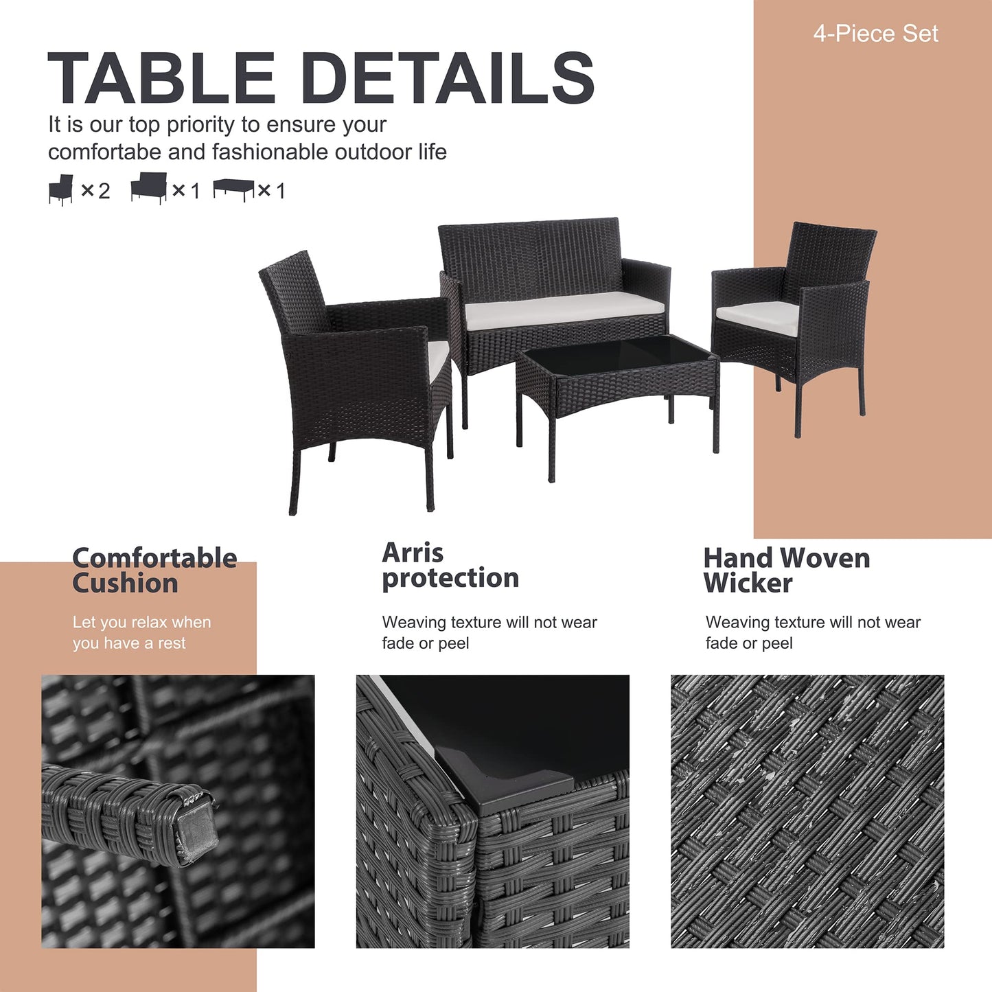 SHINTENCHI 4 Piece Wicker Patio Furniture Set with Glass Table