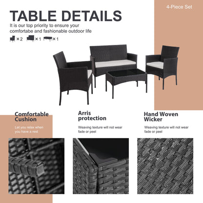SHINTENCHI 4 Piece Wicker Patio Furniture Set with Glass Table
