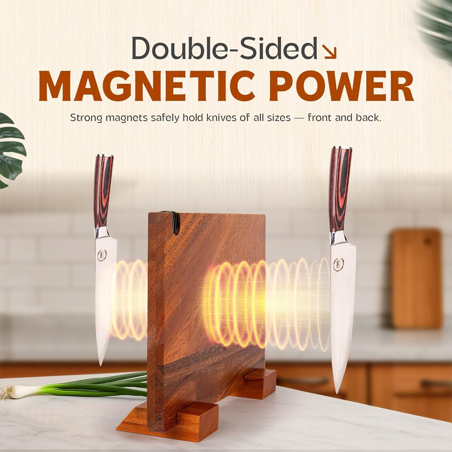 Double Sided Magnetic Knife Block with Built-in Knife Sharpener – Cool Knife Organizer, Wooden Kitchen Accessories Design with Non-Slip Bottom Grips for Stability | Maximize Counter Space