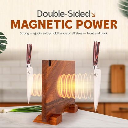 Double Sided Magnetic Knife Block with Built-in Knife Sharpener – Cool Knife Organizer, Wooden Kitchen Accessories Design with Non-Slip Bottom Grips for Stability | Maximize Counter Space
