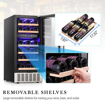 COWSAR 28 Bottle Wine Fridge, Commercial Dual Zone Beverage Refrigerator, Independent Temp, LED, Under Counter Drink Wine Cooler Chiller with Stainless Steel Frame, Double-Layer Tempered Glass Door