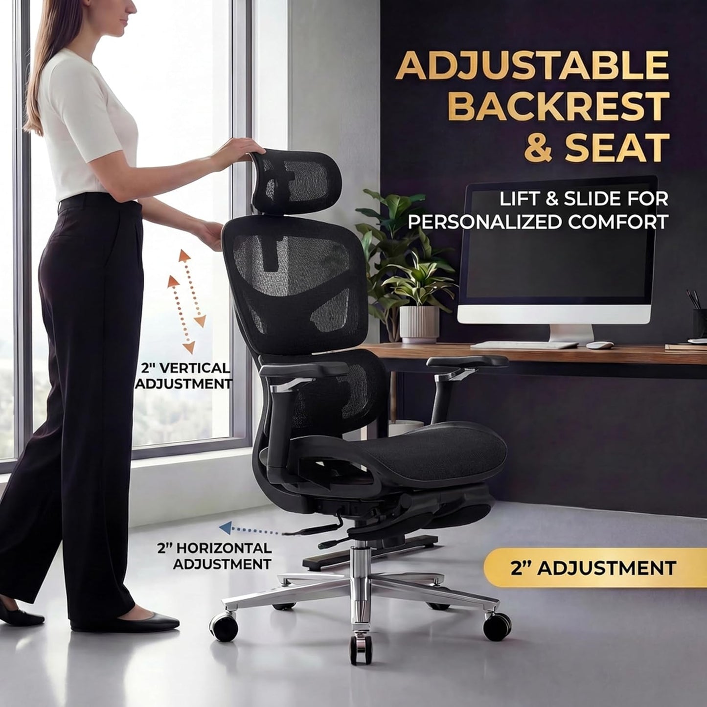 Ergonomic Office Chair with Footrest & 3D Massage Lumbar Support, Adjustable Seat Depth & Back Height,Big and Tall,400lbs, 4D Headrest, 6D Armrests, Reclining Office Chair for Home Office (Black)