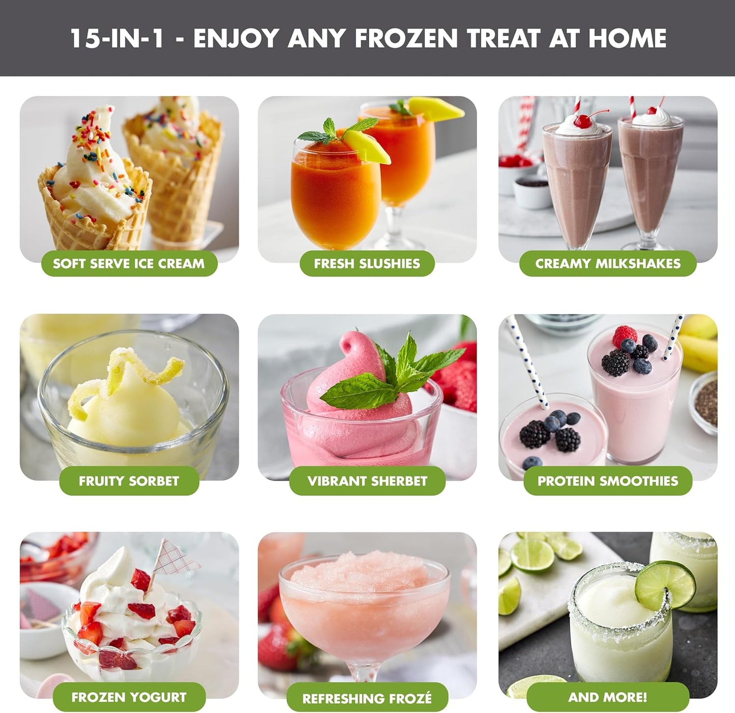 GreenPan Frost Ice Cream Maker & Slushie Machine, Soft Serve, Sorbet, Margaritas, Milkshakes, Frozen Yogurt, No Pre-Freezing, Ready in 15 Mins, 6 Modes, 7 Textures, Self-Cleaning, Family Size, Gray