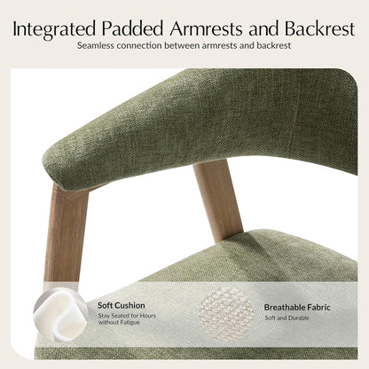 HULALA HOME Mid-Century Modern Dining Chairs Set of 4, Green Wooden Upholstered Kitchen Chairs with Armrest, Curved Backtrst & Wood Legs Armchairs Accent Chairs for Dining Living Room - Moss