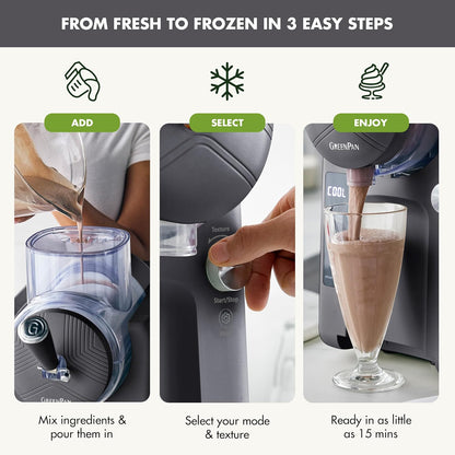 GreenPan Frost Ice Cream Maker & Slushie Machine, Soft Serve, Sorbet, Margaritas, Milkshakes, Frozen Yogurt, No Pre-Freezing, Ready in 15 Mins, 6 Modes, 7 Textures, Self-Cleaning, Family Size, Gray