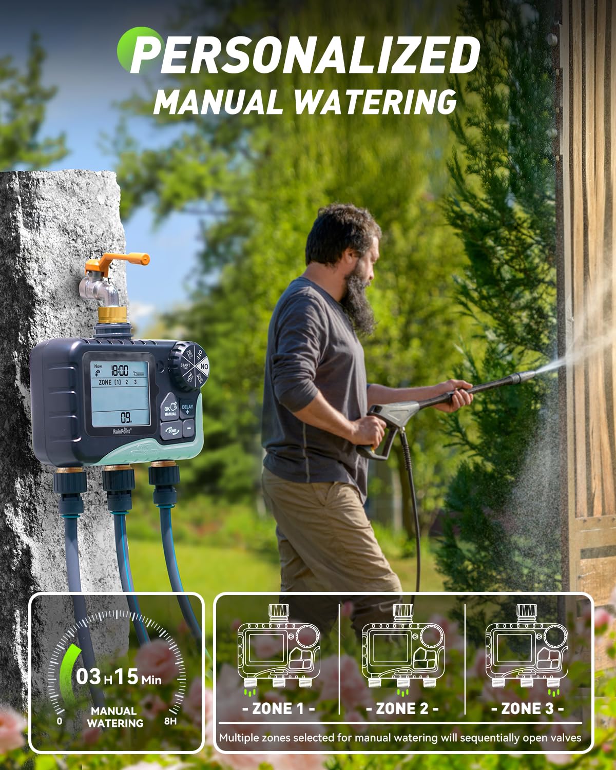 RAINPOINT 3 Zone Water Timer with Brass Inlet & Outlet