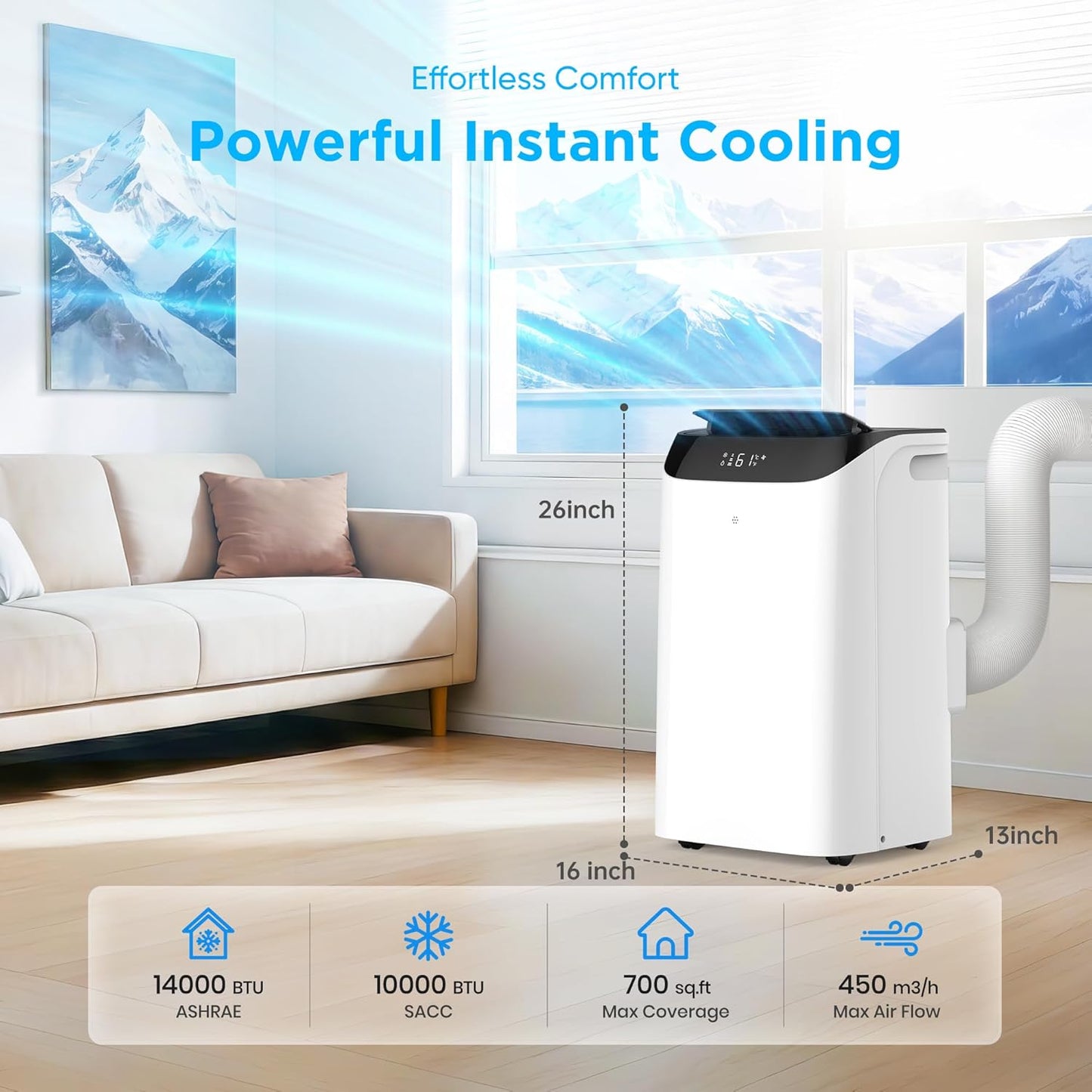 14,000 BTU Portable Air Conditioner Cools Up to 700 Sq.Ft, 3-IN-1 Energy Efficient Portable AC Unit with Remote Control & Installation Kits for Large Room, Campervan, Office, Temporary Space
