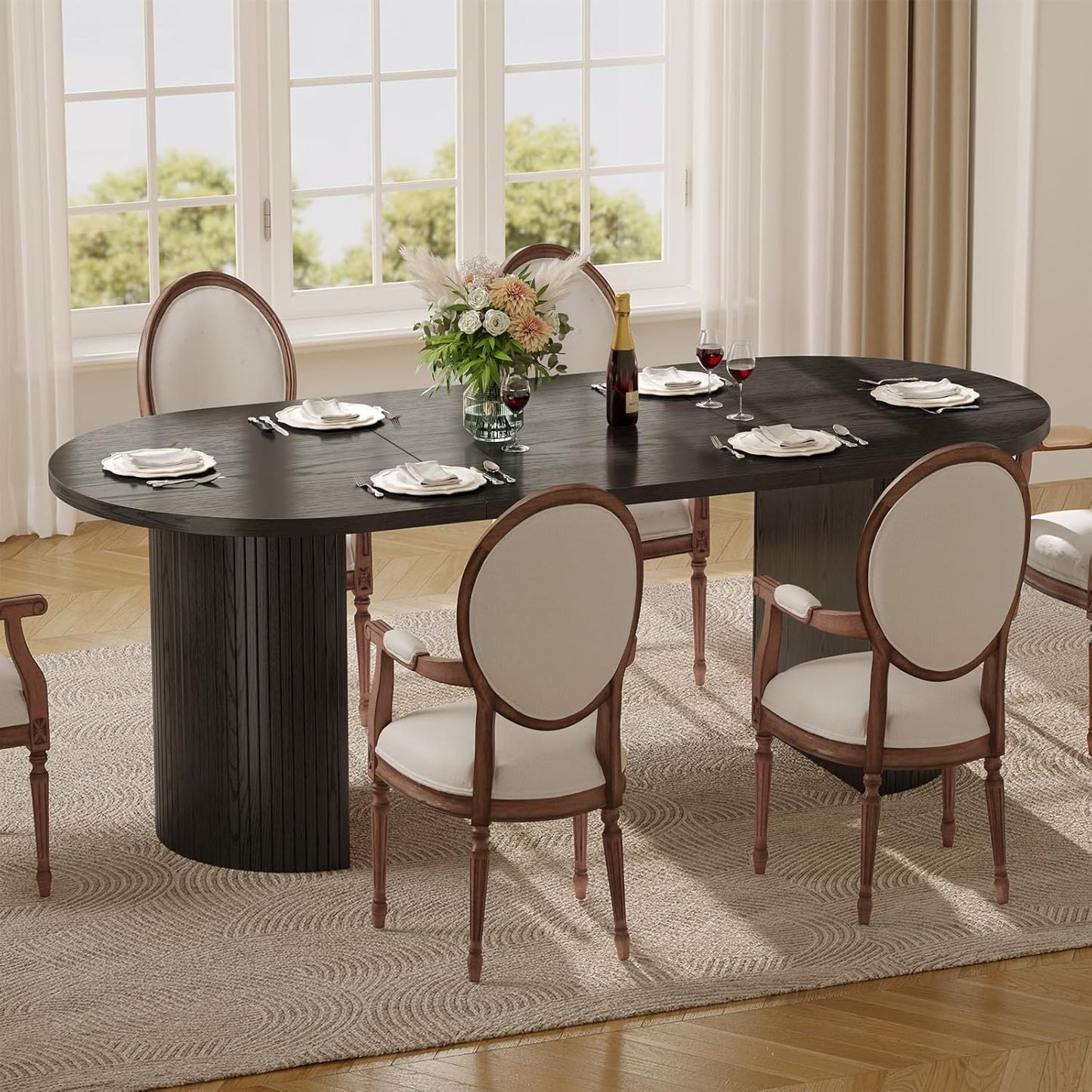 ONBRILL 70.8 Inch Dining Table for 4-6, Oval Dining Room Table with Curved Fluted Wood Strip Base, Mid-Century Modern Kitchen Tables with Footpads, Dinner Tables for Living Room, Dining Room, Black