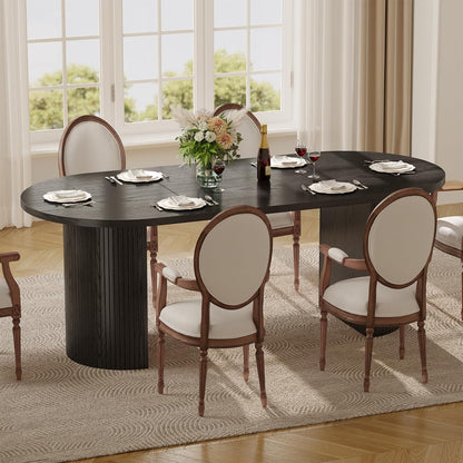 ONBRILL 70.8 Inch Dining Table for 4-6, Oval Dining Room Table with Curved Fluted Wood Strip Base, Mid-Century Modern Kitchen Tables with Footpads, Dinner Tables for Living Room, Dining Room, Black