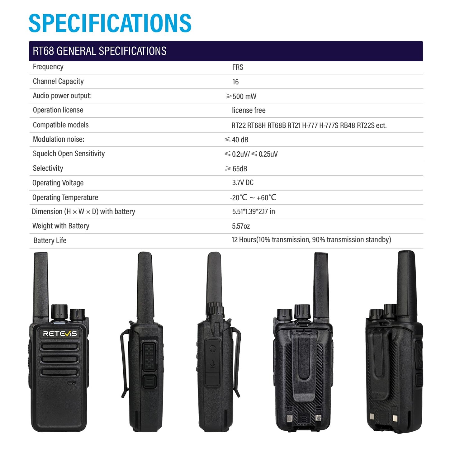 RETEVIS RT68 Walkie Talkies 6 Pack with Earpiece and Charger