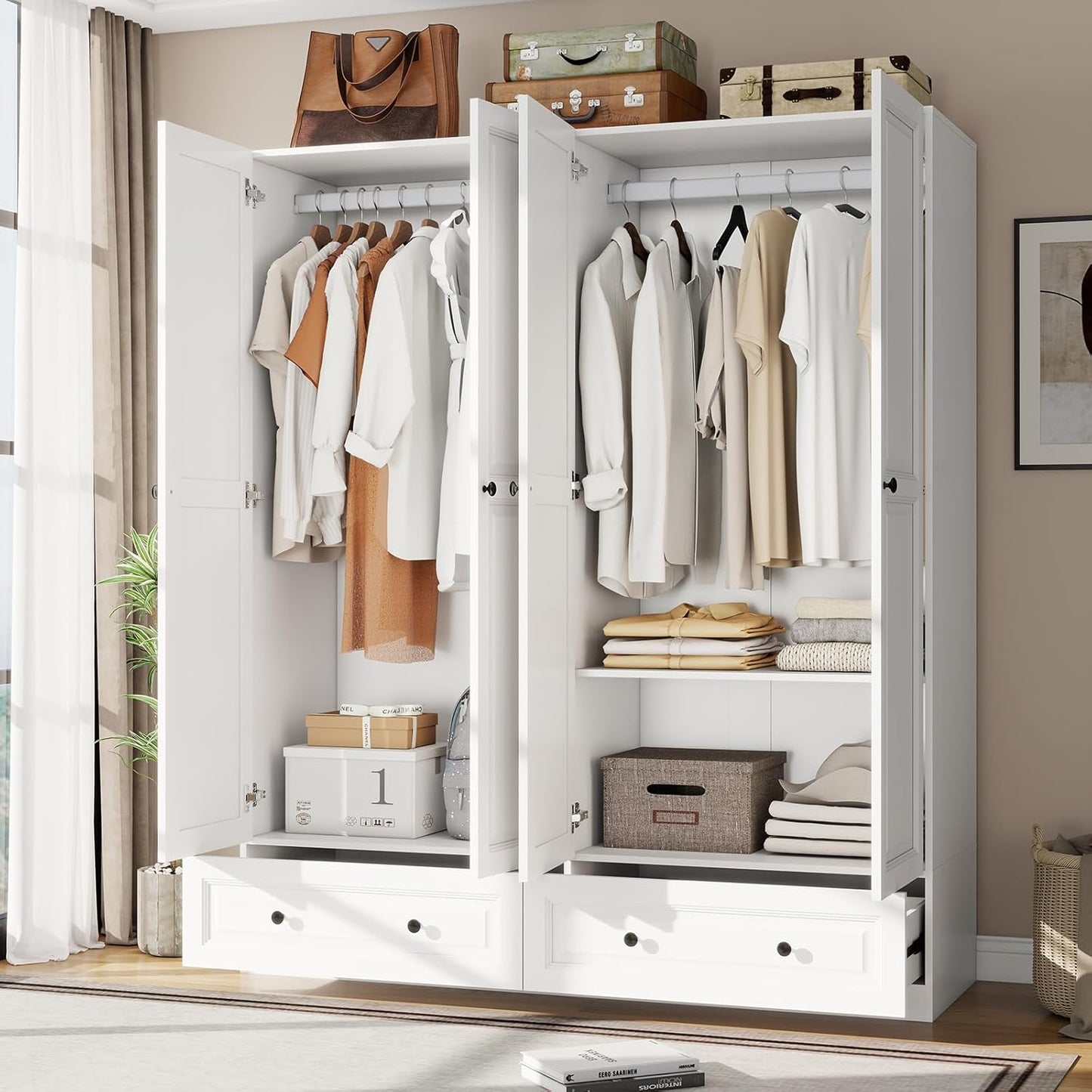 Armoire Wardrobe Closet with Drawers: 74" White Tall Wooden Wardrobe Closet for Hanging Clothes, Large Bedroom Armoires with 2 Drawers, 4 Door Armoire Storage Cabinet (White, 63")