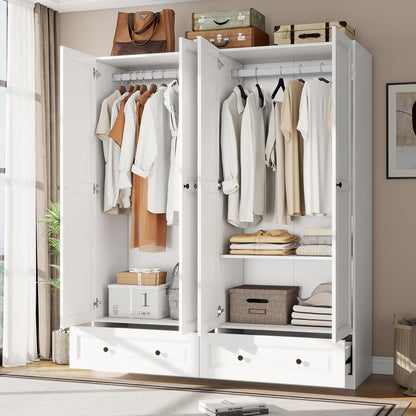 Armoire Wardrobe Closet with Drawers: 74" White Tall Wooden Wardrobe Closet for Hanging Clothes, Large Bedroom Armoires with 2 Drawers, 4 Door Armoire Storage Cabinet (White, 63")