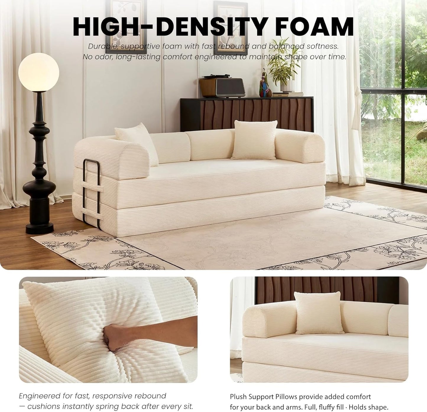 79'' Folding Convertible Sofa, Corduroy Modular Floor Couch with Pull Out Bed, 5-in-1 Sleeper Sofa Bed, No Assembly Space Saving Guest Sofa for Living Room Bedroom Apartment Lounge (Beige White) | High Backrest, No Assembly, Convertible Sofa, Space-S
