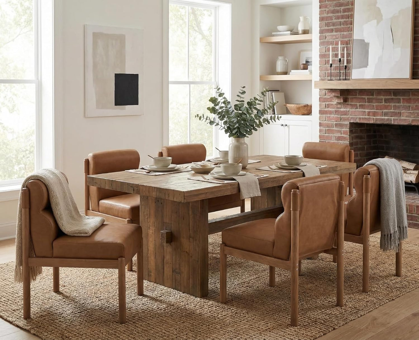 CIMOTA Modern Upholstered Dining Chairs Set of 6, Faux Leather Kitchen & Dining Room Chairs Boucle Armless Side Chairs with Curved Backrest/Solid Wood Legs, PU Brown