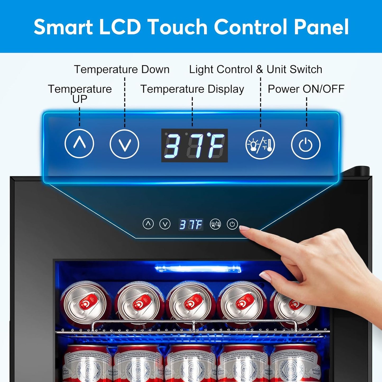FoMup Beverage Refrigerator 17 inch Wide - 126 Can Beverage Cooler with Glass Door | Counter-Top/Freestanding Mini Beverage Beer Fridge | Temperature Memory | Invisible Door | Perfect for Soda, Beer