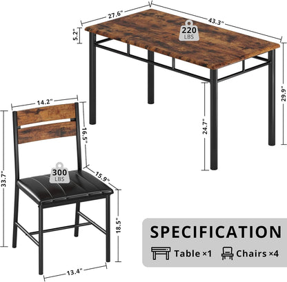 IRONCK Dining Table Set for 4, Wood Kitchen Table with Upholstered Chairs for Kitchen Room and Small Spaces, Rustic Brown