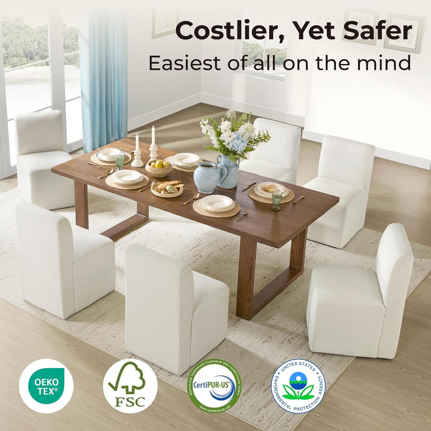 CHITA Dining Chairs with Casters Set of 4, FSC Certified Upholstered Armless Modern Rolling Dining Chairs with Rollers for Bedroom Reading Room Living Room, Linen
