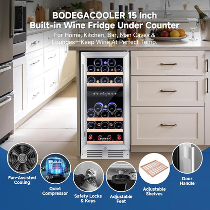 BODEGA COOLER 15 Inch Wine Fridge - 30 Bottles Dual Zone Wine Cooler, 41°F -72°F Wine Beverage Cooler Built-in or Freestanding, Adjustable Shelves & Bule LED Light, Perfect for Home/Kitchen(3.2 cu.ft)